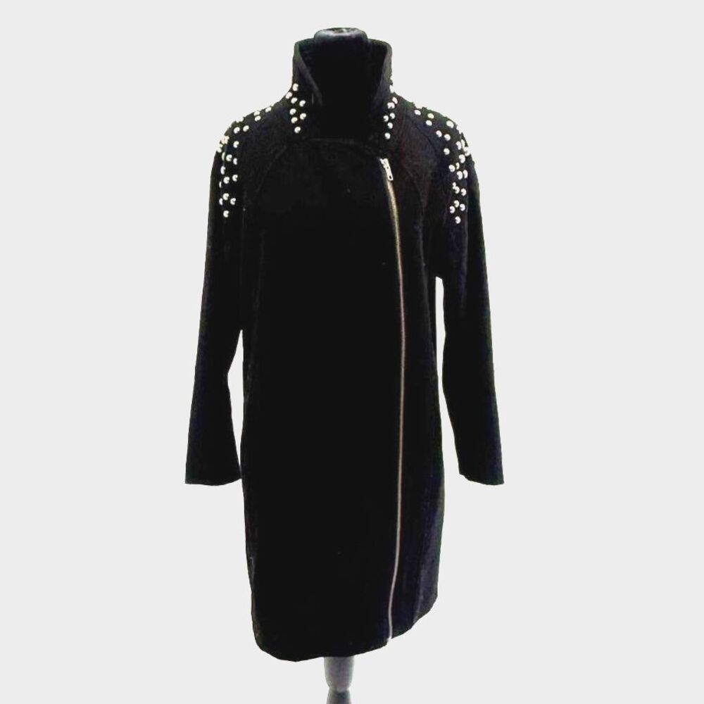 H&M black wool studded shoulder long moto jacket - Picture 9 of 10